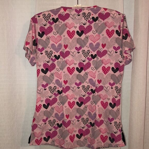 Happy Scrubs XS Heart Print Pink Black Scrub Top - Picture 2 of 14